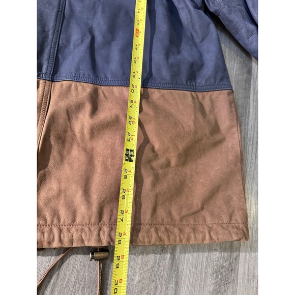 VTG Comint Brown Navy Blue Leather Coat Two Tone size L Color Block 80s hiking - Picture 7 of 14